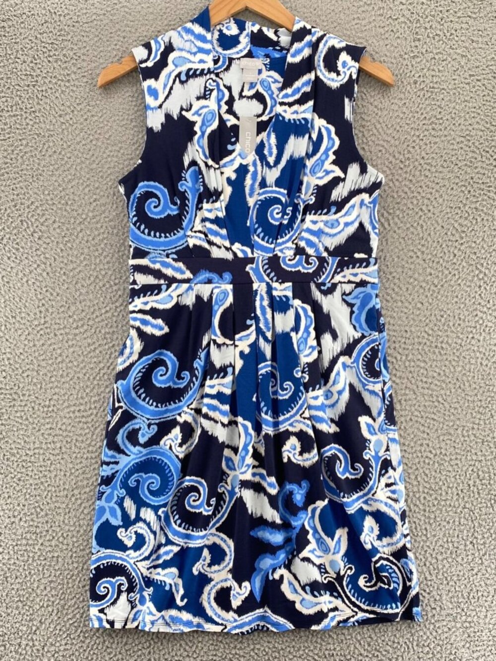 Chicos Dress Women 1 US 8 Regatta Blue Paisley Classic Pleated Mini Stretch Knit